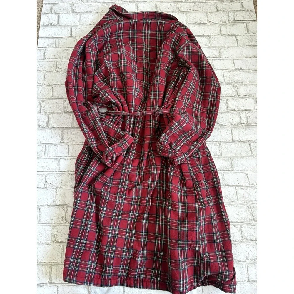 L.L.Bean Scotch Plaid Flannel Robe Men XL Regular Sherpa Lined Red Belted